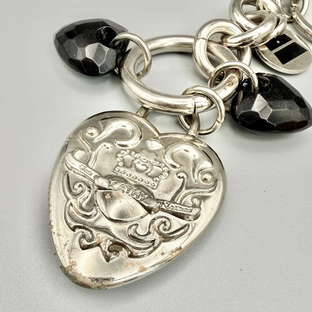 Vintage Kathy Van Zeeland Silver Tone‎ Puffy Hearts Bag Charms Chunky Keychain